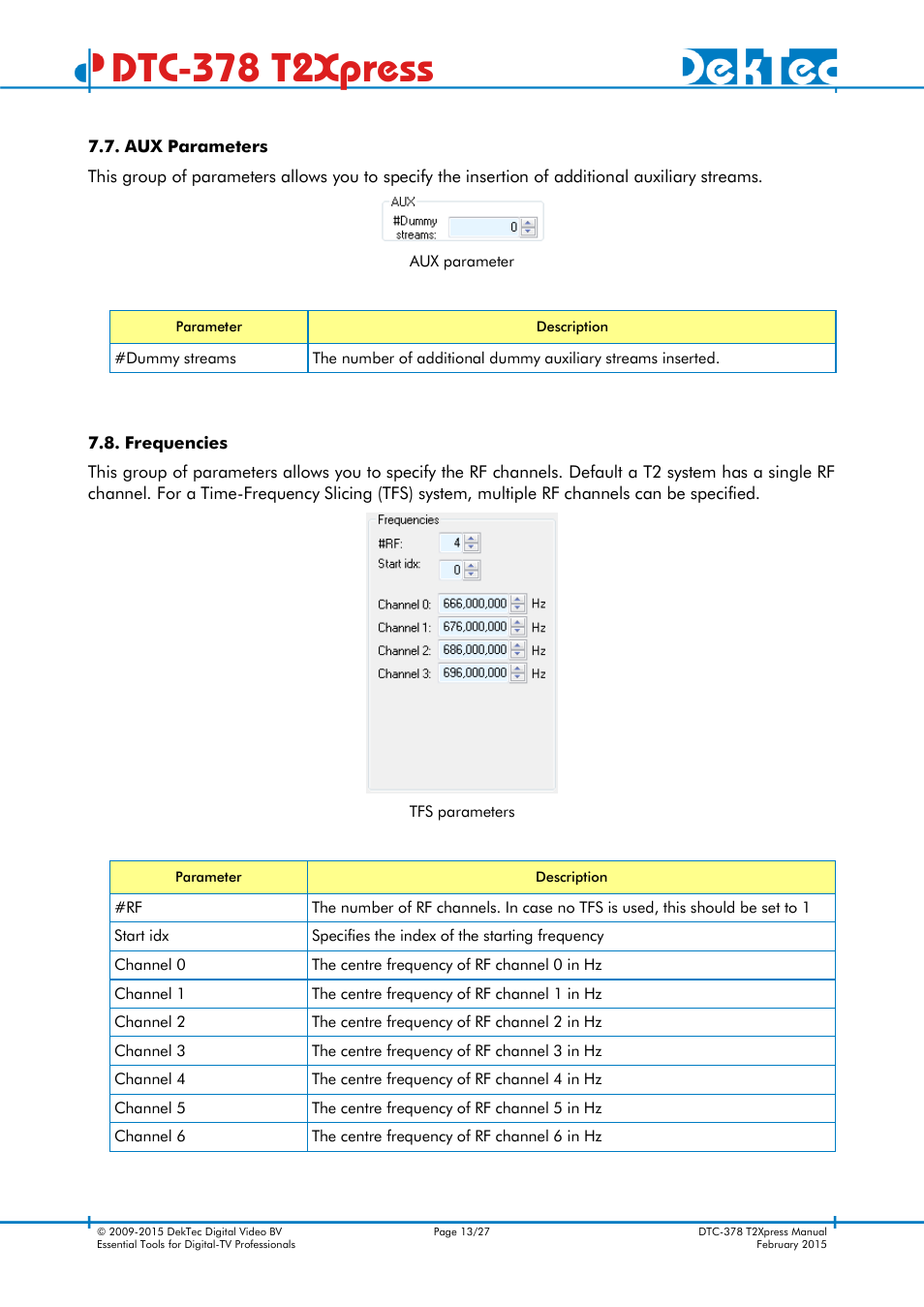 Aux parameters, Frequencies, Dtc-378 t2xpress | DekTec DTC-378 T2Xpress User Manual | Page 13 / 27