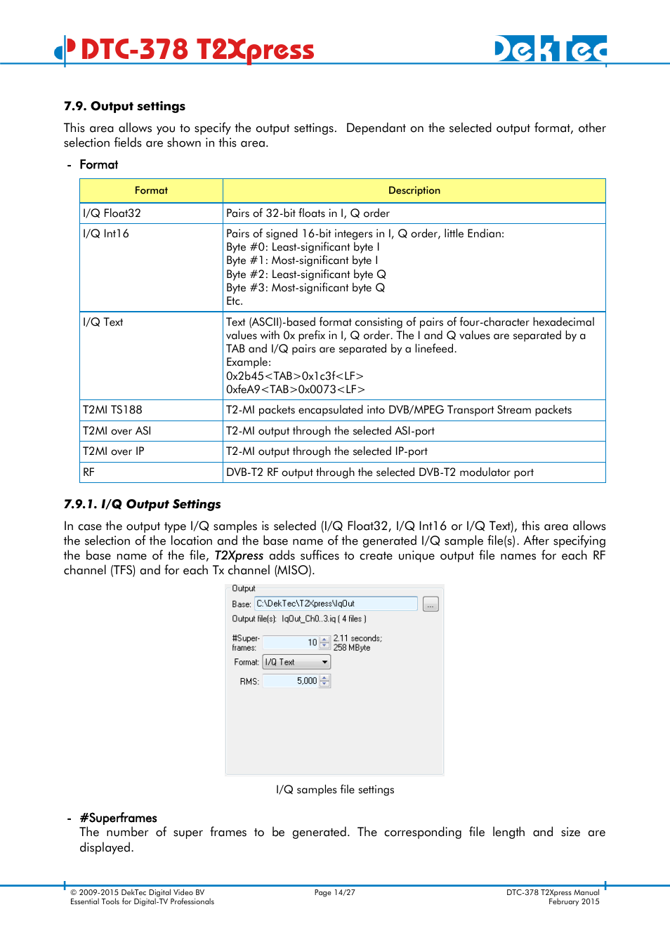 Output settings, I/q output settings, Dtc-378 t2xpress | DekTec DTC-378 T2Xpress User Manual | Page 14 / 27