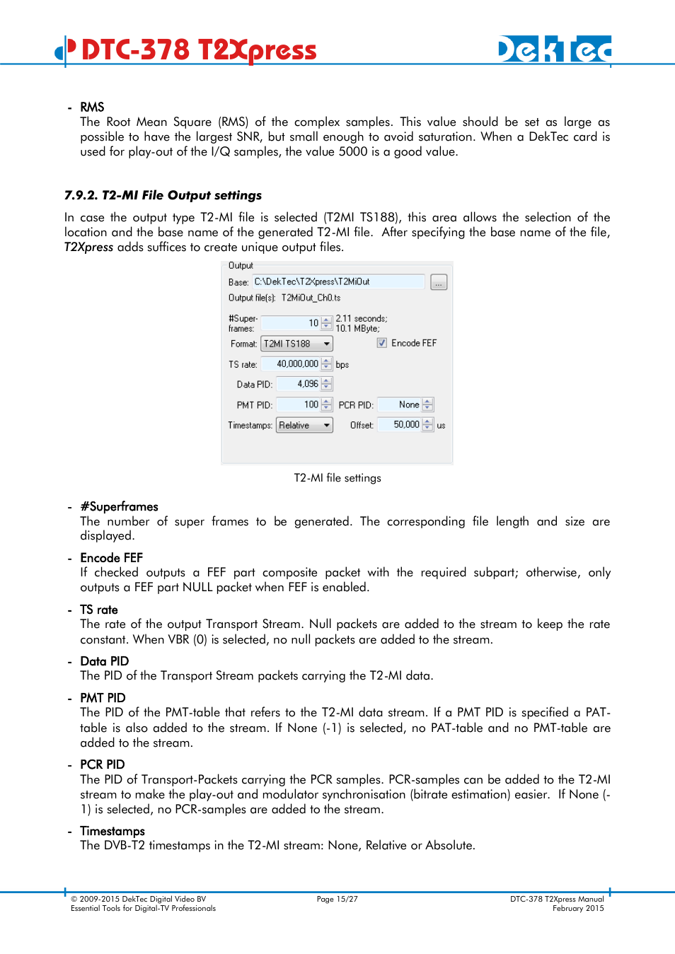 T2-mi file output settings, Dtc-378 t2xpress | DekTec DTC-378 T2Xpress User Manual | Page 15 / 27