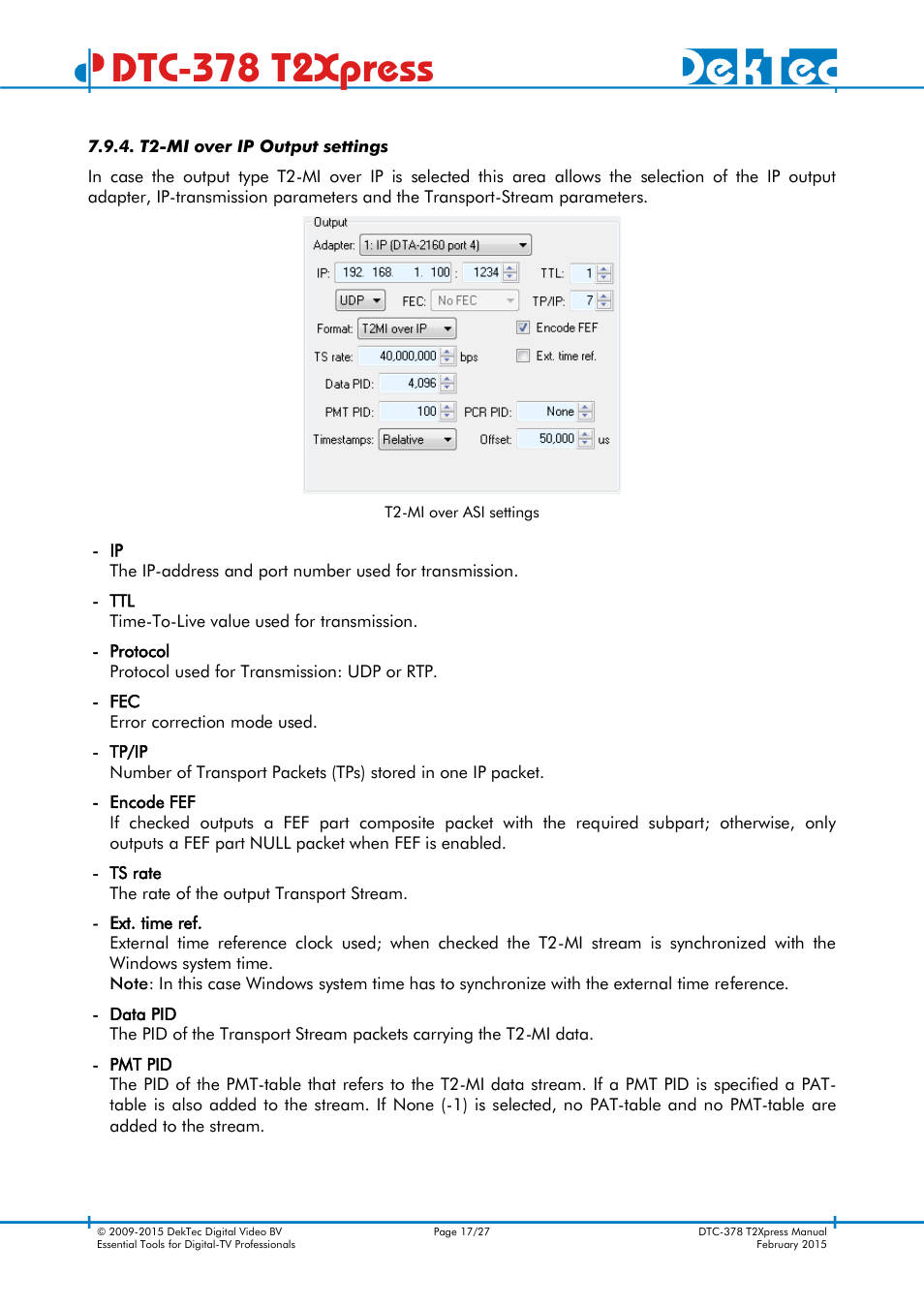 T2-mi over ip output settings, Dtc-378 t2xpress | DekTec DTC-378 T2Xpress User Manual | Page 17 / 27