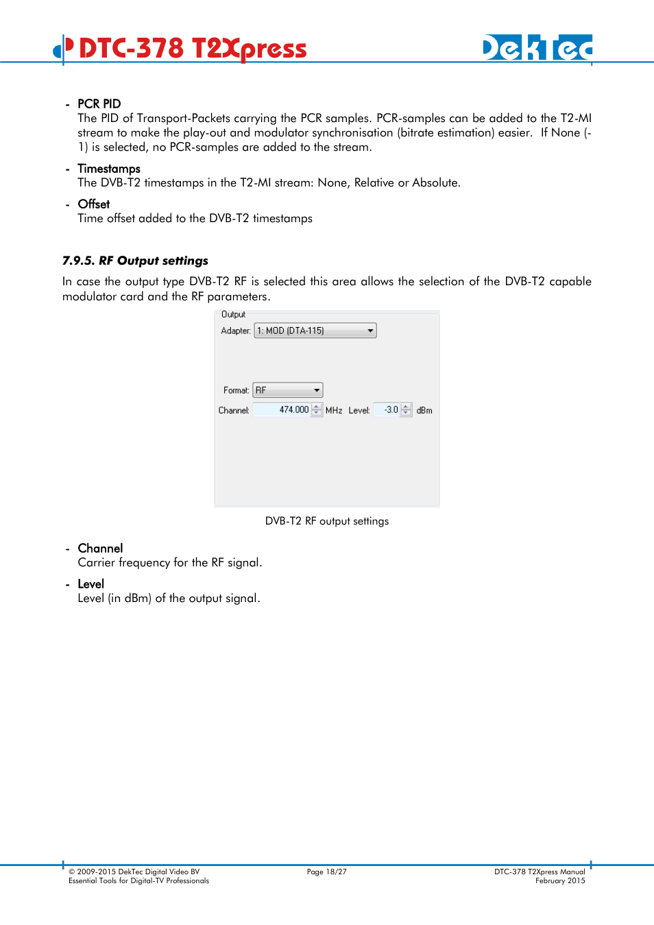 Rf output settings, Dtc-378 t2xpress | DekTec DTC-378 T2Xpress User Manual | Page 18 / 27