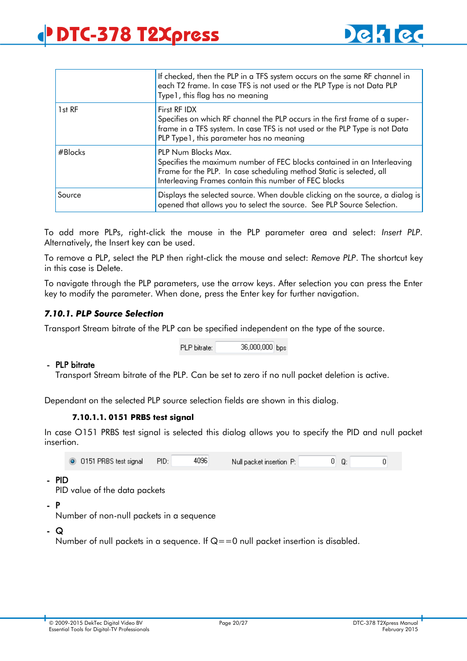 Plp source selection, Dtc-378 t2xpress | DekTec DTC-378 T2Xpress User Manual | Page 20 / 27