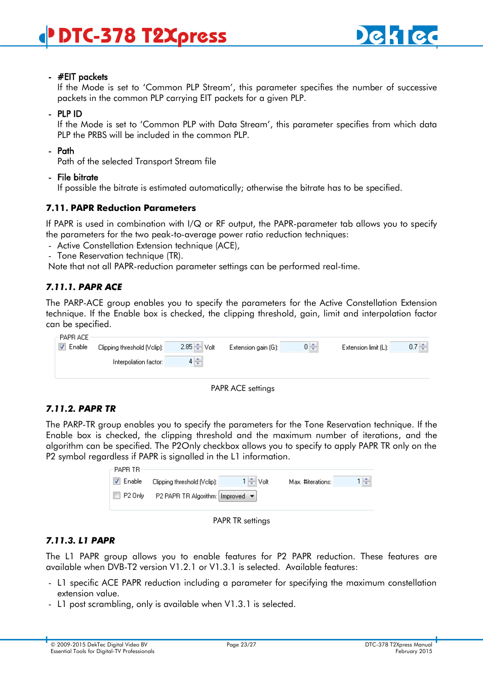 Papr reduction parameters, Papr ace, Papr tr | L1 papr, Dtc-378 t2xpress | DekTec DTC-378 T2Xpress User Manual | Page 23 / 27