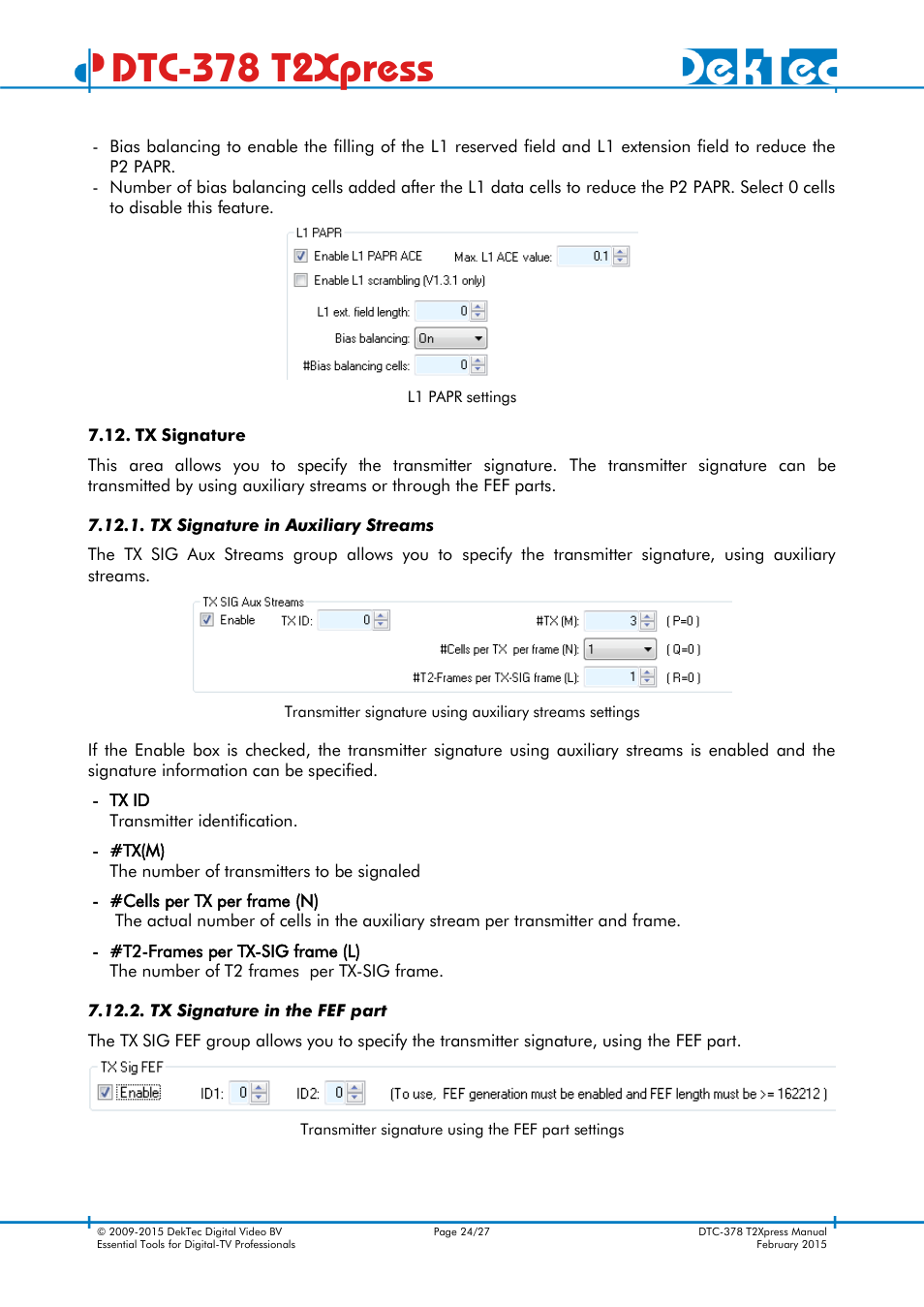 Tx signature, Tx signature in auxiliary streams, Tx signature in the fef part | Dtc-378 t2xpress | DekTec DTC-378 T2Xpress User Manual | Page 24 / 27