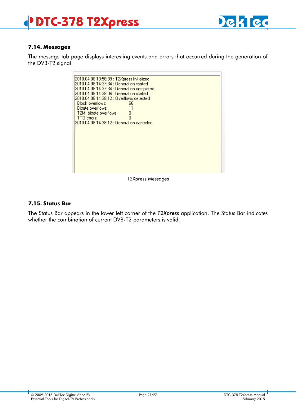 Messages, Status bar, Dtc-378 t2xpress | DekTec DTC-378 T2Xpress User Manual | Page 27 / 27