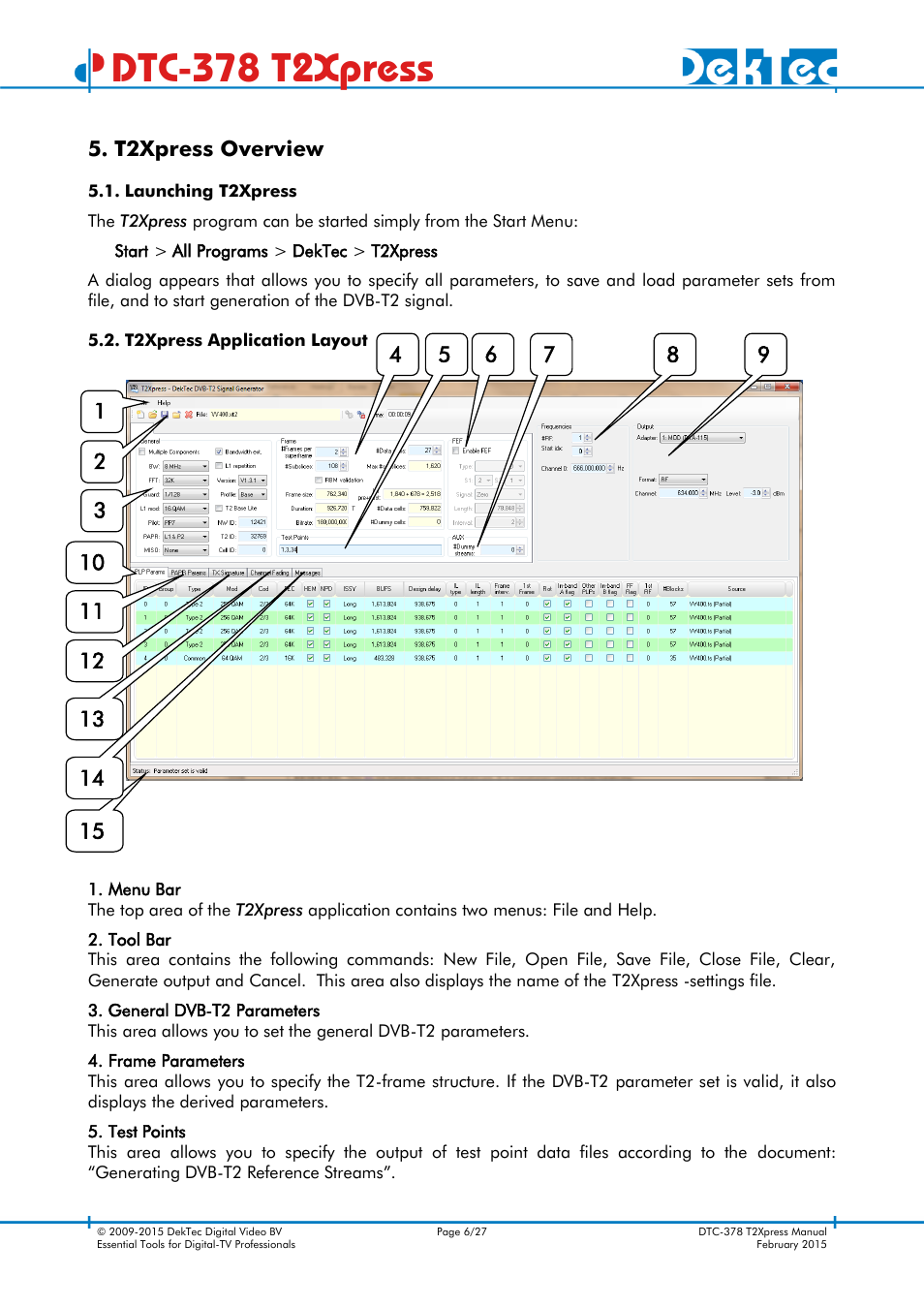 T2xpress overview, Launching t2xpress, T2xpress application layout | Dtc-378 t2xpress | DekTec DTC-378 T2Xpress User Manual | Page 6 / 27