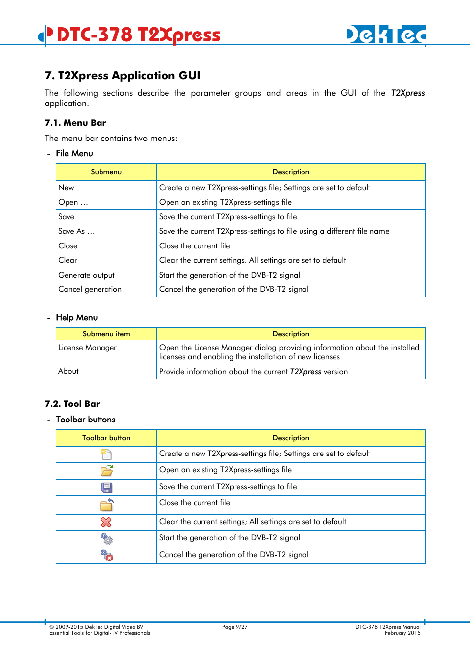 T2xpress application gui, Menu bar, Tool bar | Dtc-378 t2xpress | DekTec DTC-378 T2Xpress User Manual | Page 9 / 27