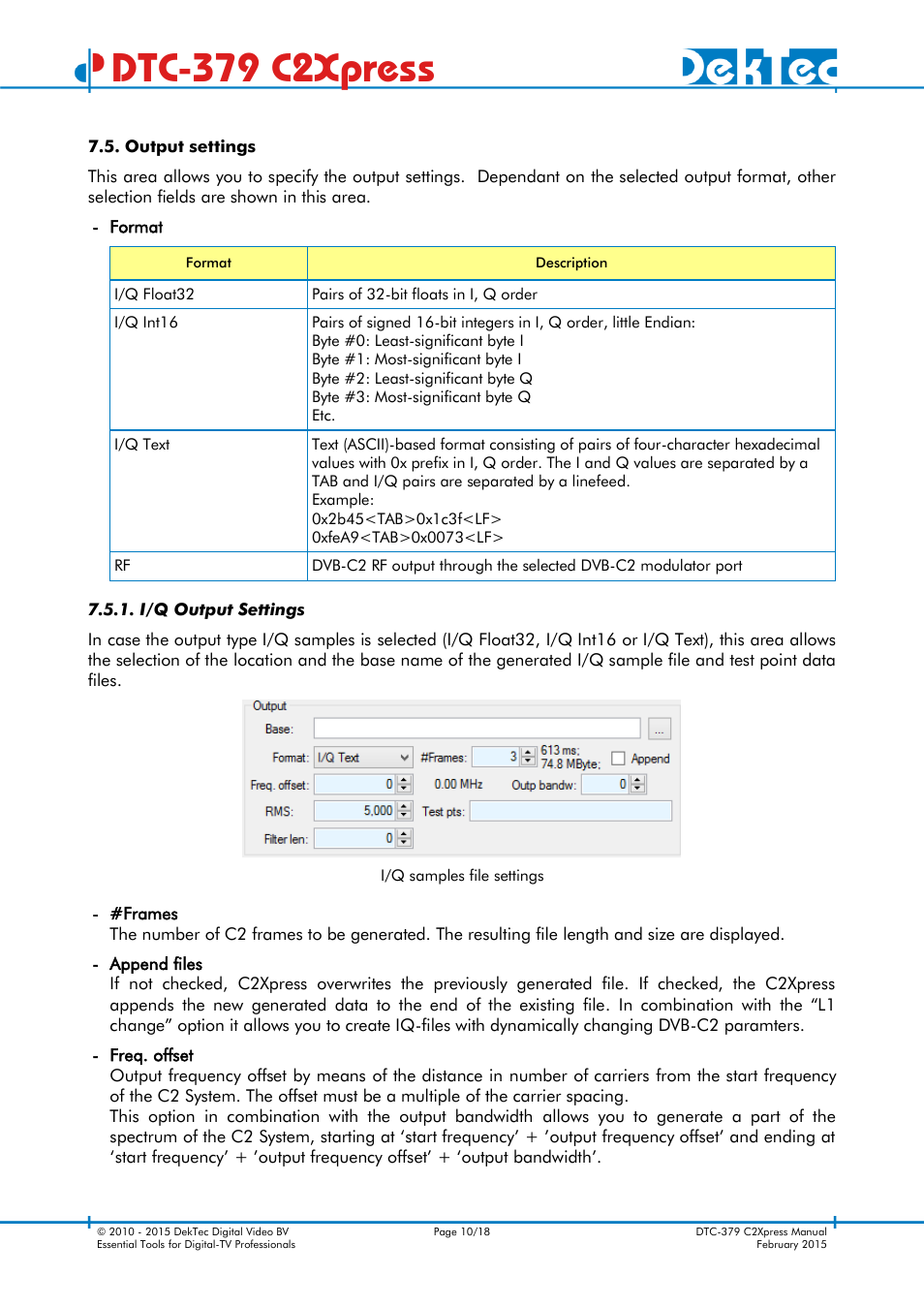 Output settings, I/q output settings, Dtc-379 c2xpress | DekTec DTC-379 C2Xpress User Manual | Page 10 / 18