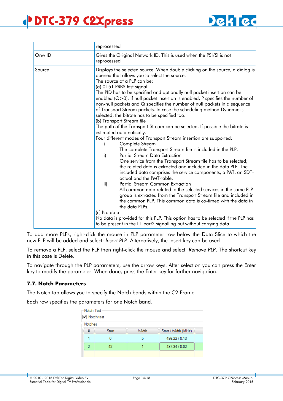 Notch parameters, Dtc-379 c2xpress | DekTec DTC-379 C2Xpress User Manual | Page 14 / 18