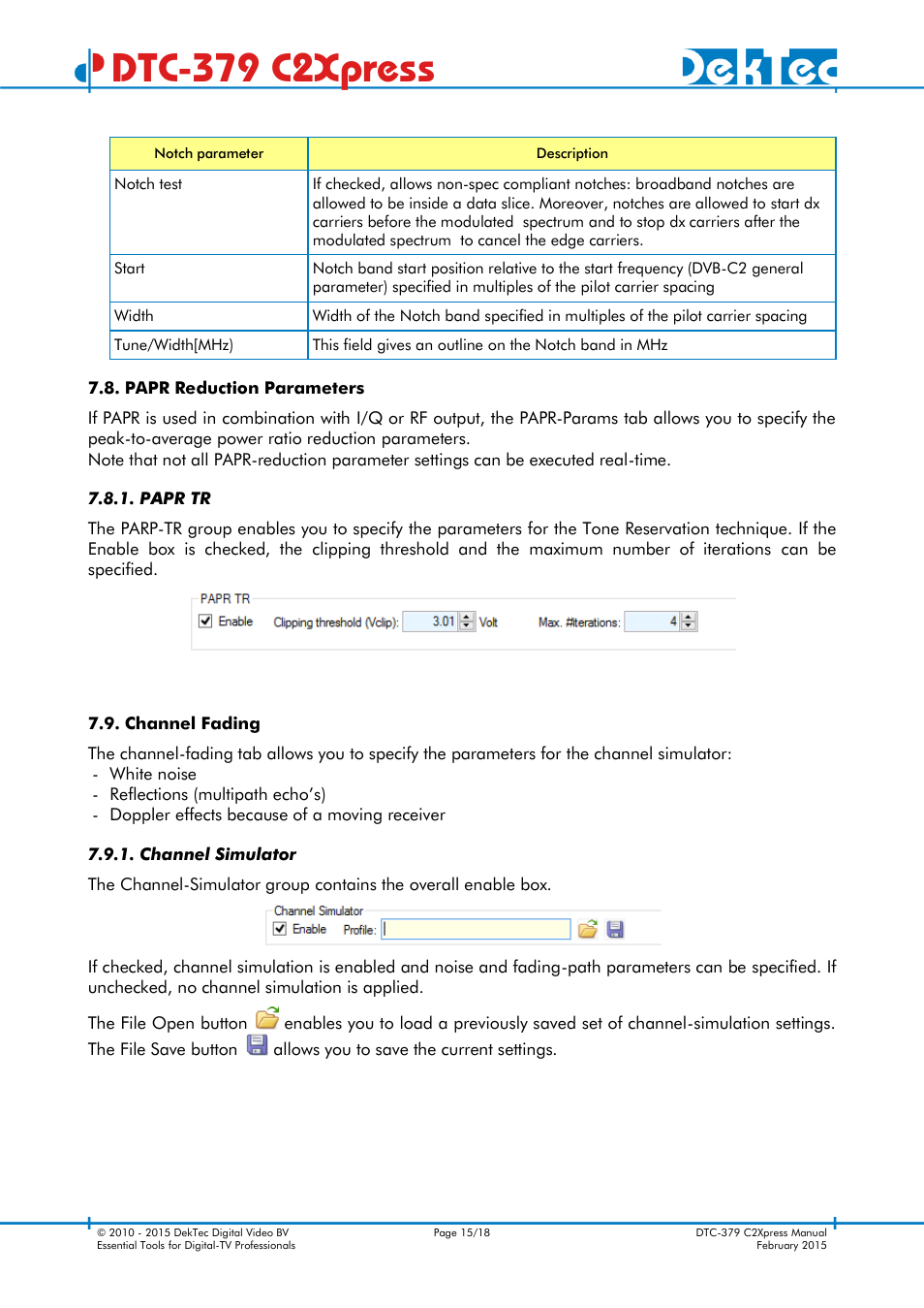 Papr reduction parameters, Papr tr, Channel fading | Channel simulator, Dtc-379 c2xpress | DekTec DTC-379 C2Xpress User Manual | Page 15 / 18