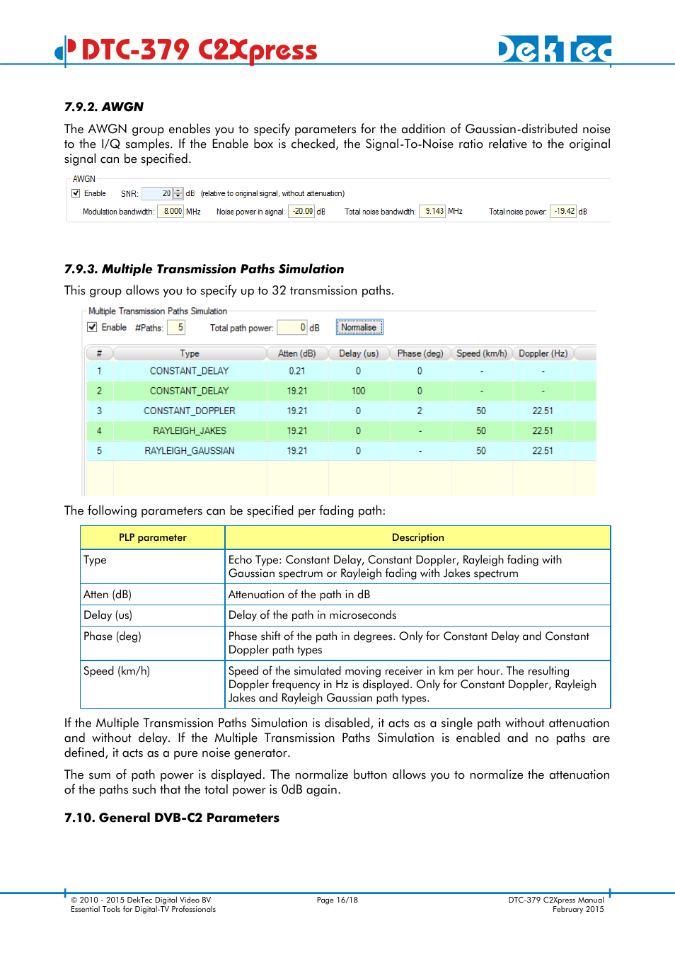 Awgn, Multiple transmission paths simulation, Dtc-379 c2xpress | DekTec DTC-379 C2Xpress User Manual | Page 16 / 18