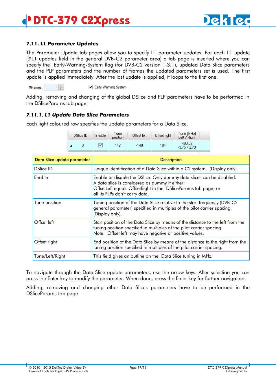 L1 parameter updates, L1 update data slice parameters, Dtc-379 c2xpress | DekTec DTC-379 C2Xpress User Manual | Page 17 / 18