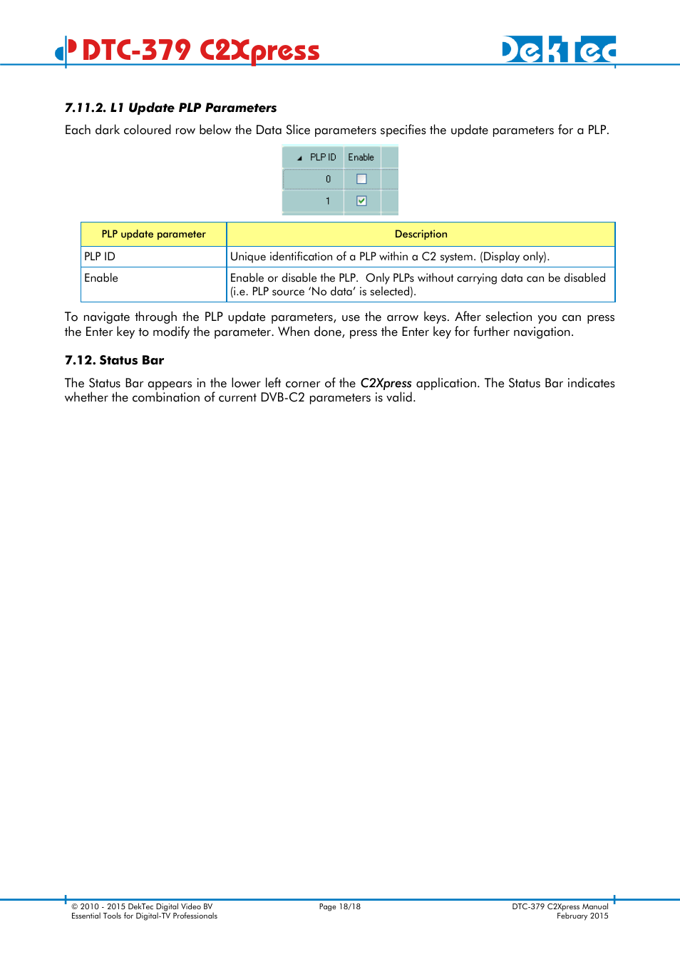 L1 update plp parameters, Status bar, Dtc-379 c2xpress | DekTec DTC-379 C2Xpress User Manual | Page 18 / 18