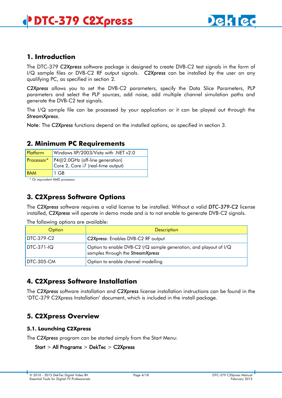 Introduction, Minimum pc requirements, C2xpress software options | C2xpress software installation, C2xpress overview, Launching c2xpress, Dtc-379 c2xpress | DekTec DTC-379 C2Xpress User Manual | Page 4 / 18