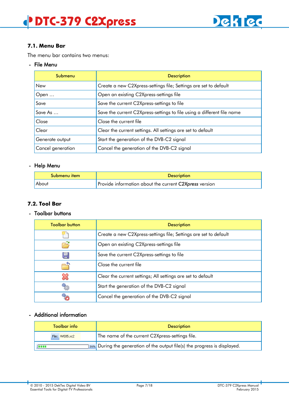 Menu bar, Tool bar, Dtc-379 c2xpress | DekTec DTC-379 C2Xpress User Manual | Page 7 / 18