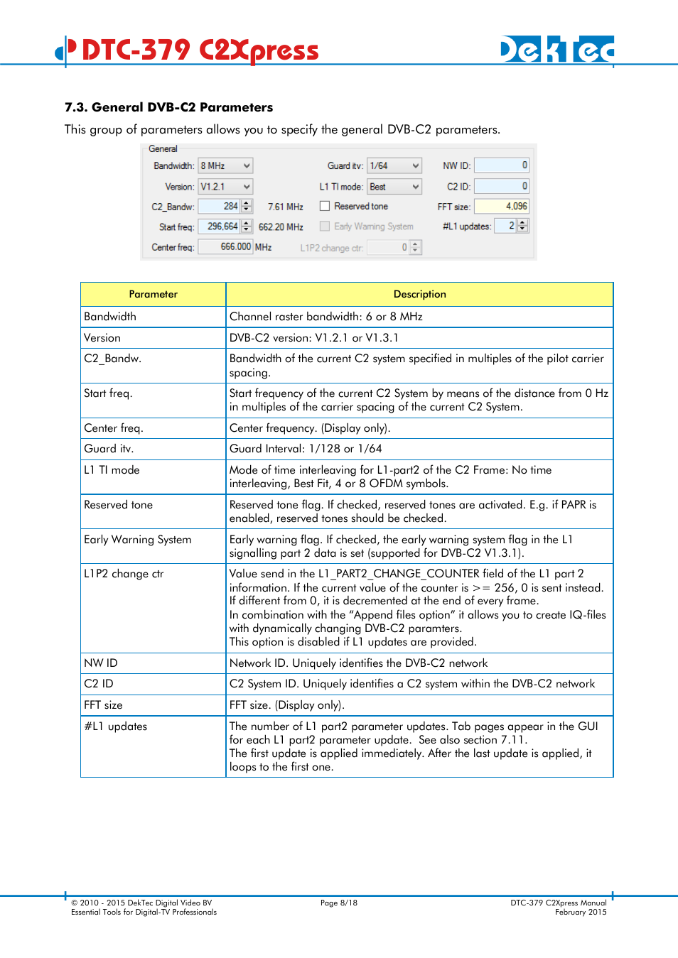General dvb-c2 parameters, Dtc-379 c2xpress | DekTec DTC-379 C2Xpress User Manual | Page 8 / 18