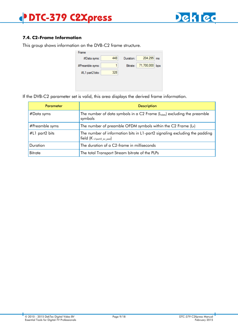 C2-frame information, Dtc-379 c2xpress | DekTec DTC-379 C2Xpress User Manual | Page 9 / 18
