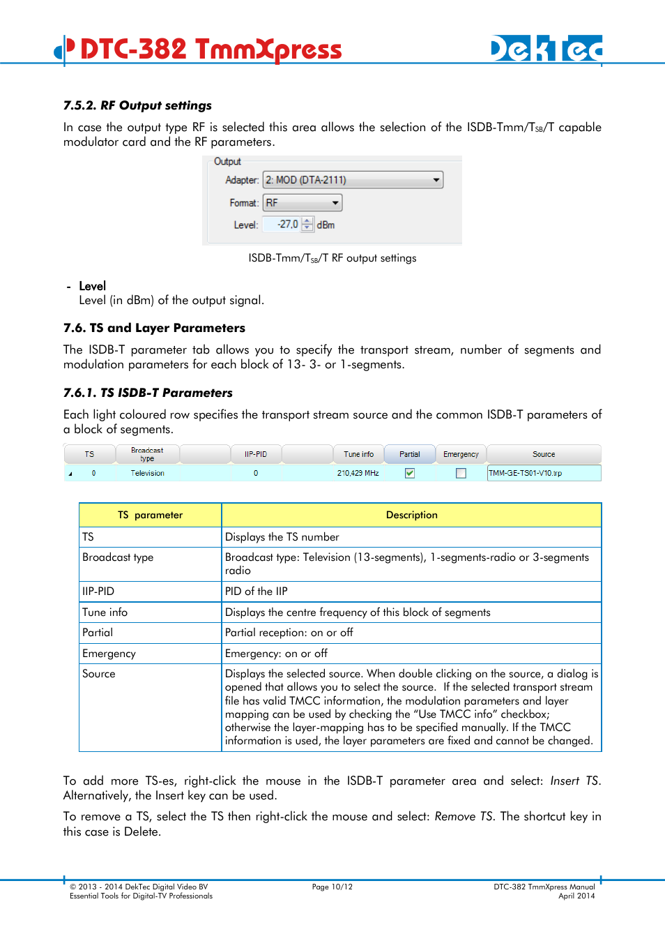 Rf output settings, Ts and layer parameters, Ts isdb-t parameters | Dtc-382 tmmxpress | DekTec DTC-382 TmmXpress User Manual | Page 10 / 12