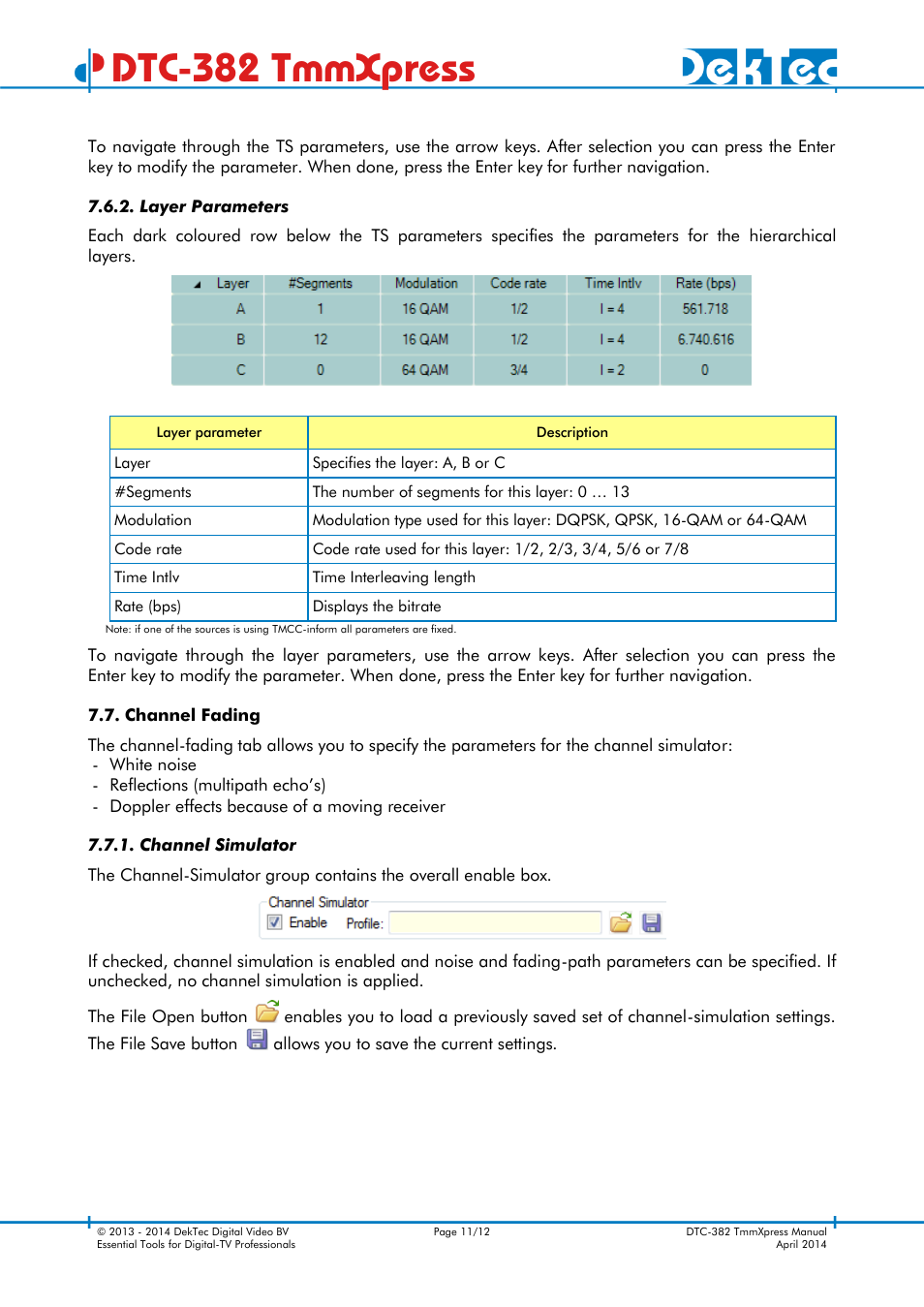 Layer parameters, Channel fading, Channel simulator | Dtc-382 tmmxpress | DekTec DTC-382 TmmXpress User Manual | Page 11 / 12