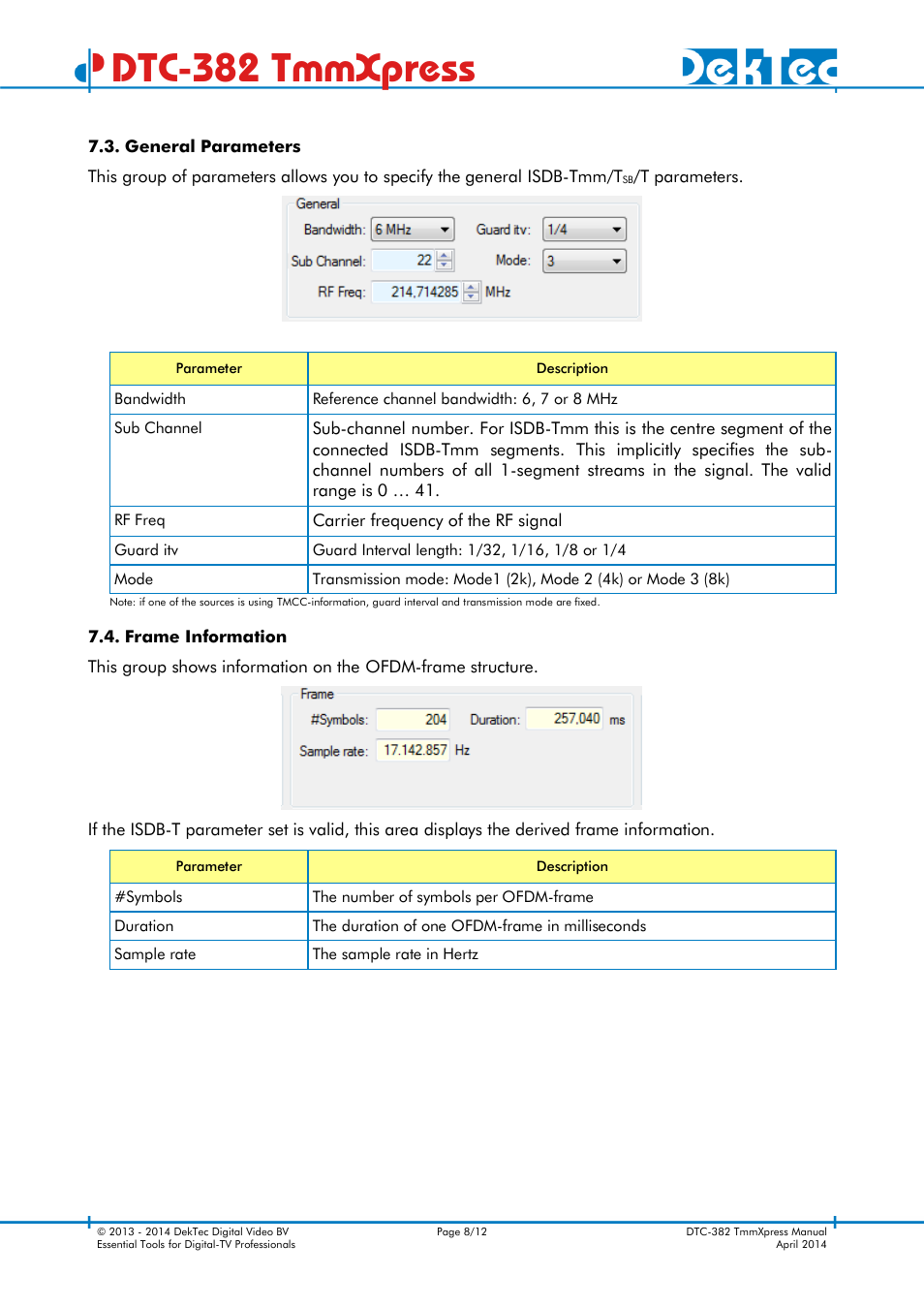 General parameters, Frame information, Dtc-382 tmmxpress | DekTec DTC-382 TmmXpress User Manual | Page 8 / 12