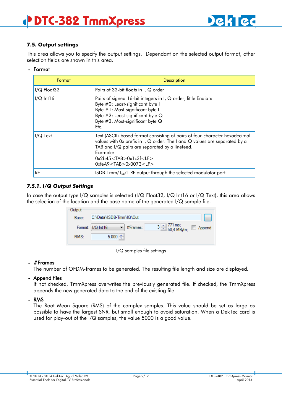 Output settings, I/q output settings, Dtc-382 tmmxpress | DekTec DTC-382 TmmXpress User Manual | Page 9 / 12