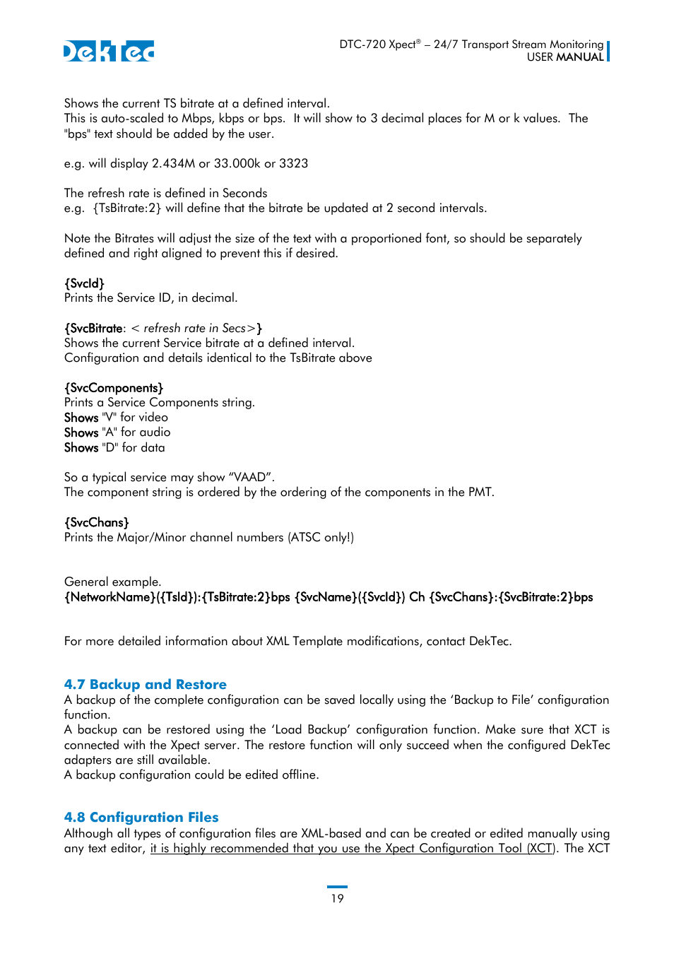 7 backup and restore 4.8 configuration files | DekTec DTC-720 Xpect User Manual | Page 19 / 32