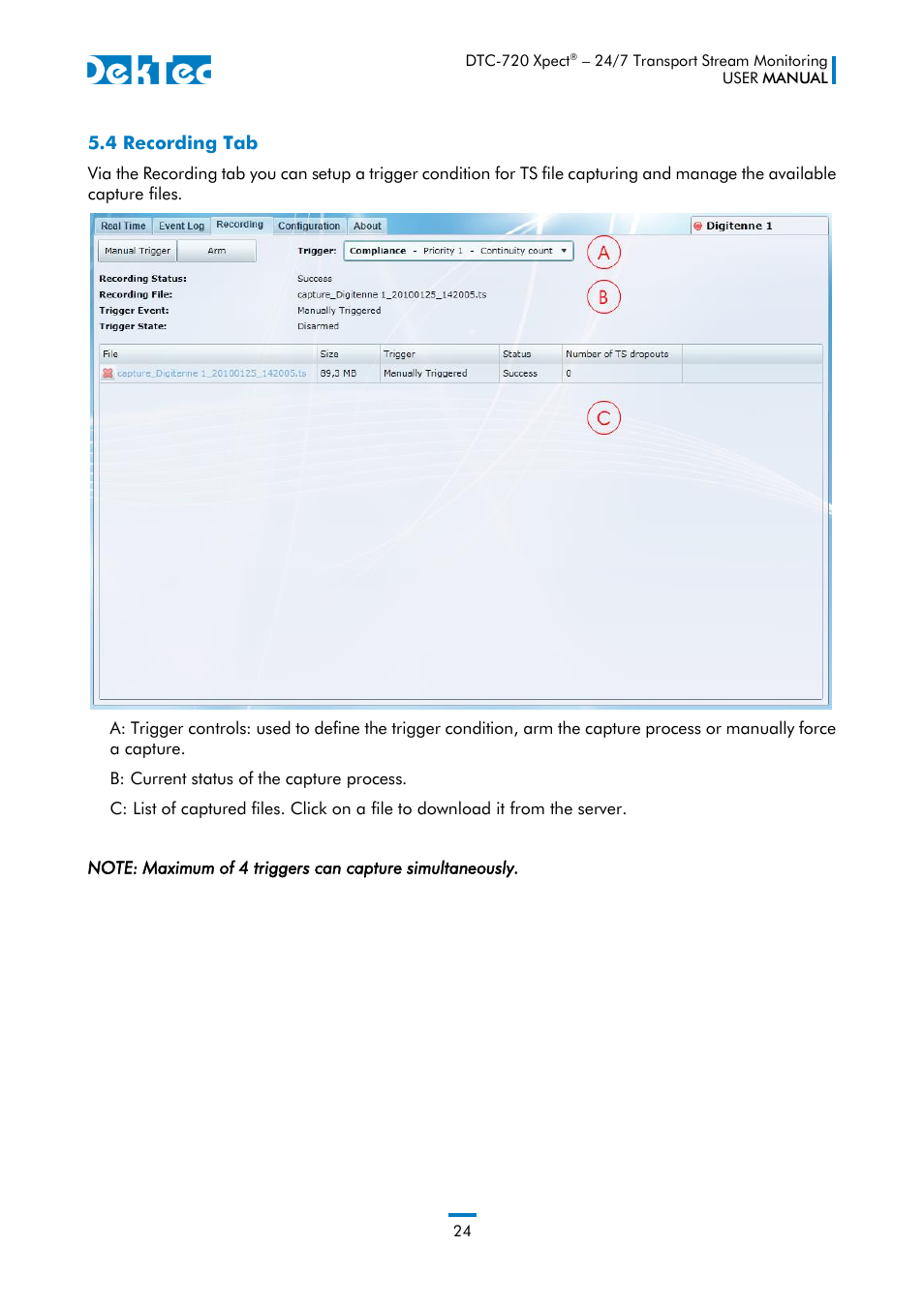 4 recording tab | DekTec DTC-720 Xpect User Manual | Page 24 / 32