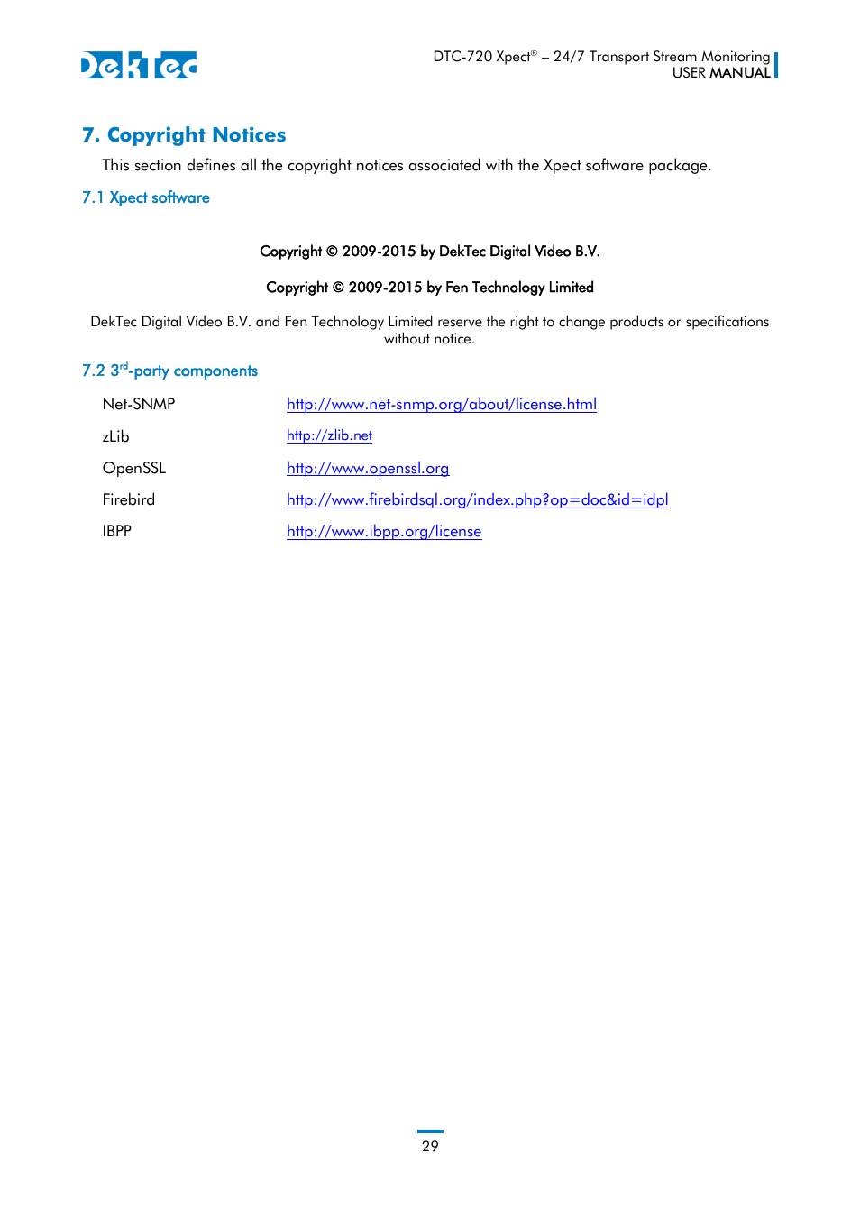 Copyright notices | DekTec DTC-720 Xpect User Manual | Page 29 / 32