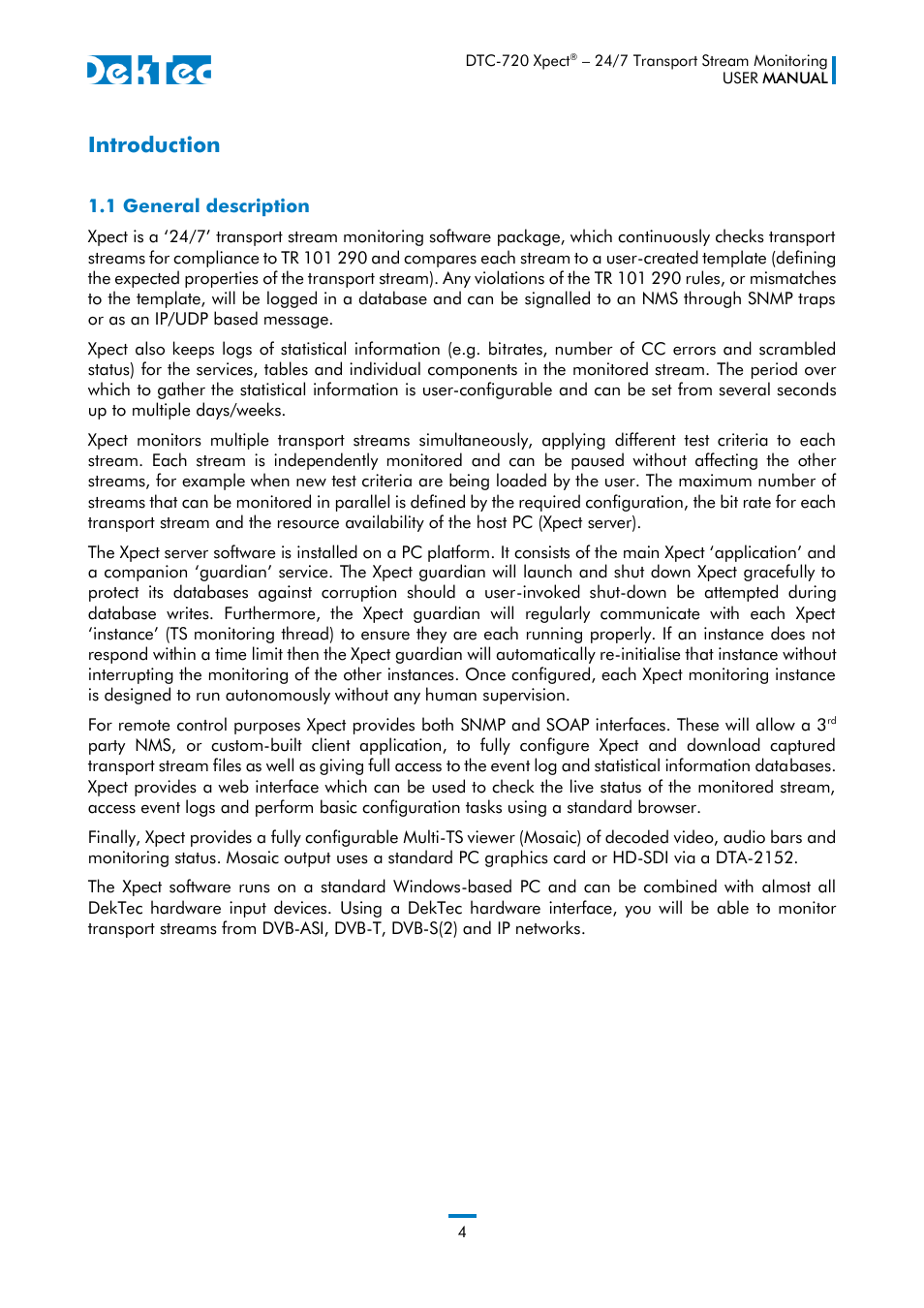Introduction, 1 general description | DekTec DTC-720 Xpect User Manual | Page 4 / 32