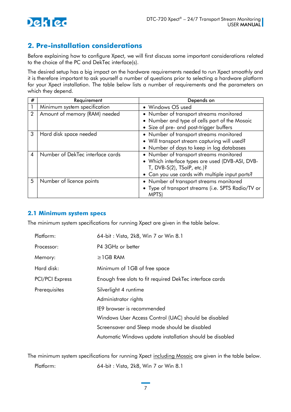 Pre-installation considerations, 1 minimum system specs | DekTec DTC-720 Xpect User Manual | Page 7 / 32