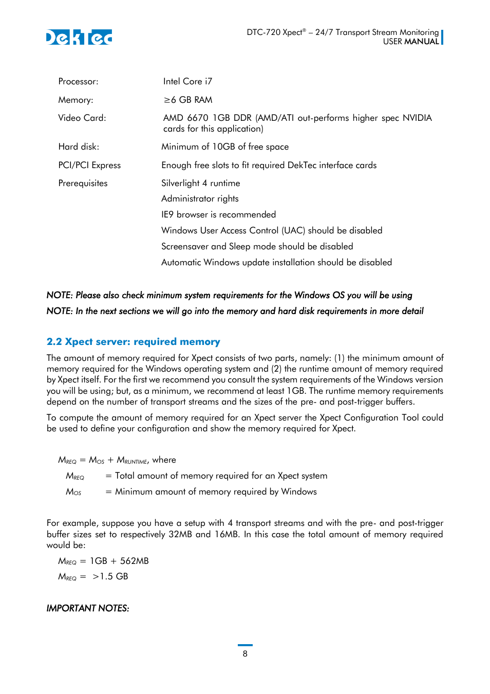 2 xpect server: required memory | DekTec DTC-720 Xpect User Manual | Page 8 / 32