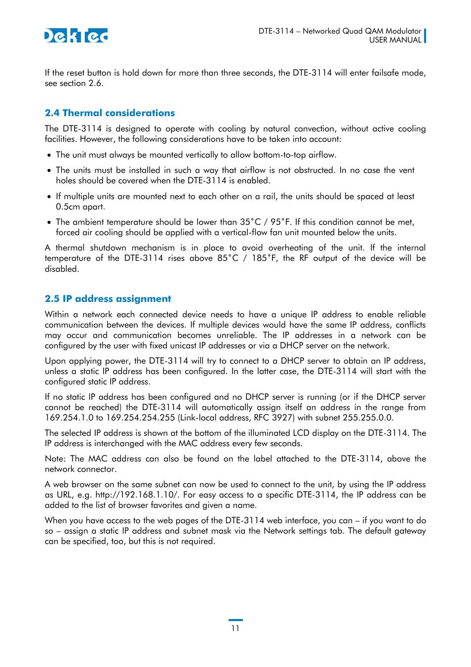4 thermal considerations 2.5 ip address assignment | DekTec DTE-3114 IP to 4x QAM User Manual | Page 11 / 50