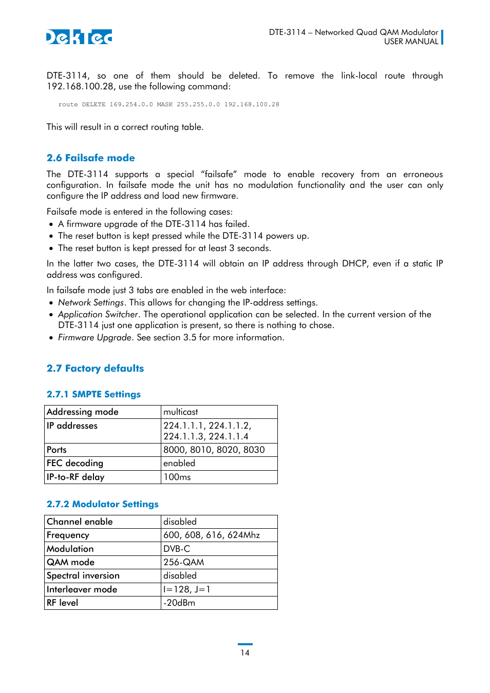 6 failsafe mode 2.7 factory defaults, 1 smpte settings, 2 modulator settings | DekTec DTE-3114 IP to 4x QAM User Manual | Page 14 / 50