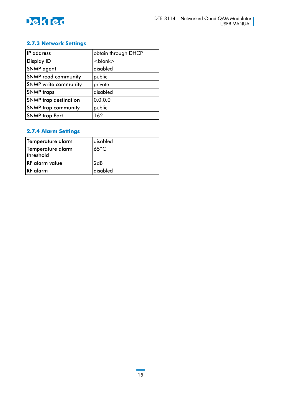 3 network settings, 4 alarm settings | DekTec DTE-3114 IP to 4x QAM User Manual | Page 15 / 50