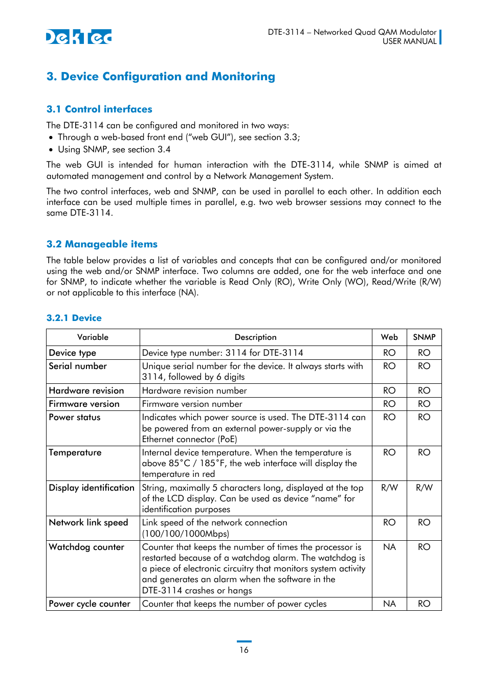 Device configuration and monitoring, 1 control interfaces 3.2 manageable items, 1 device | DekTec DTE-3114 IP to 4x QAM User Manual | Page 16 / 50