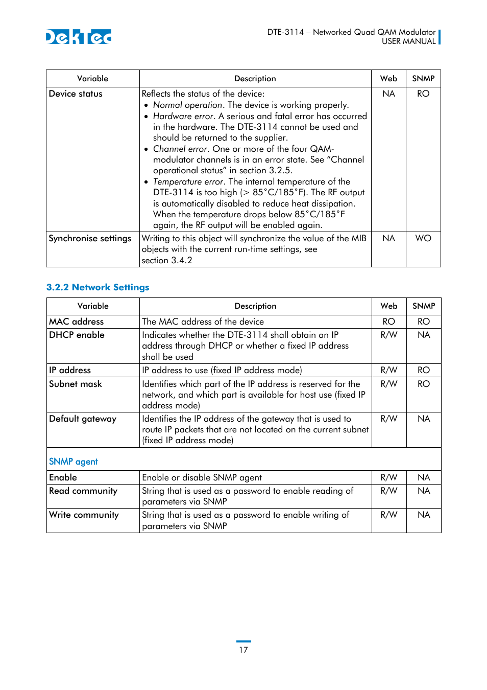 2 network settings | DekTec DTE-3114 IP to 4x QAM User Manual | Page 17 / 50