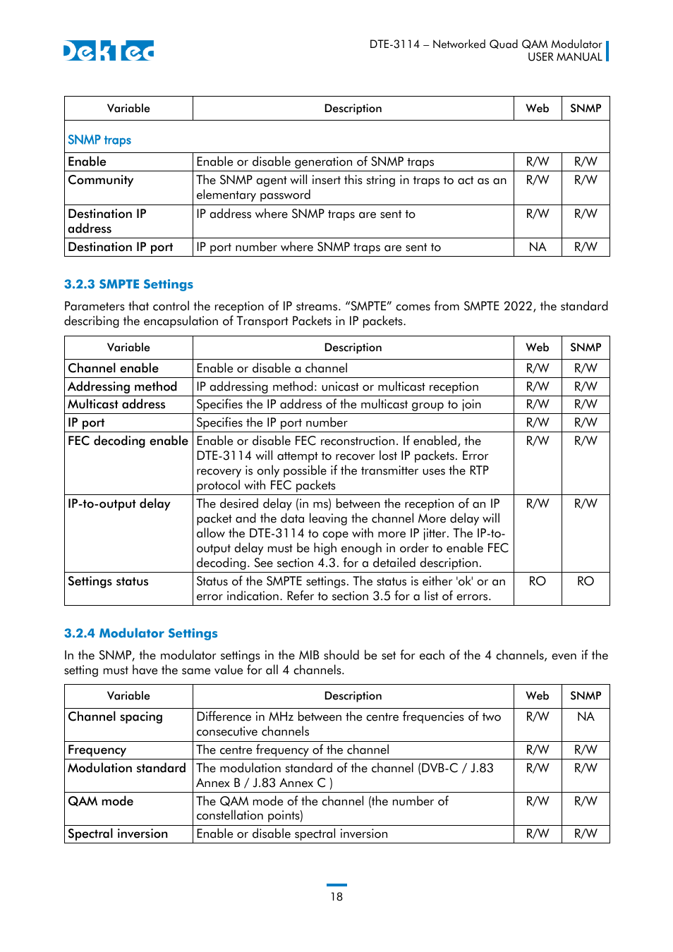 3 smpte settings, 4 modulator settings | DekTec DTE-3114 IP to 4x QAM User Manual | Page 18 / 50