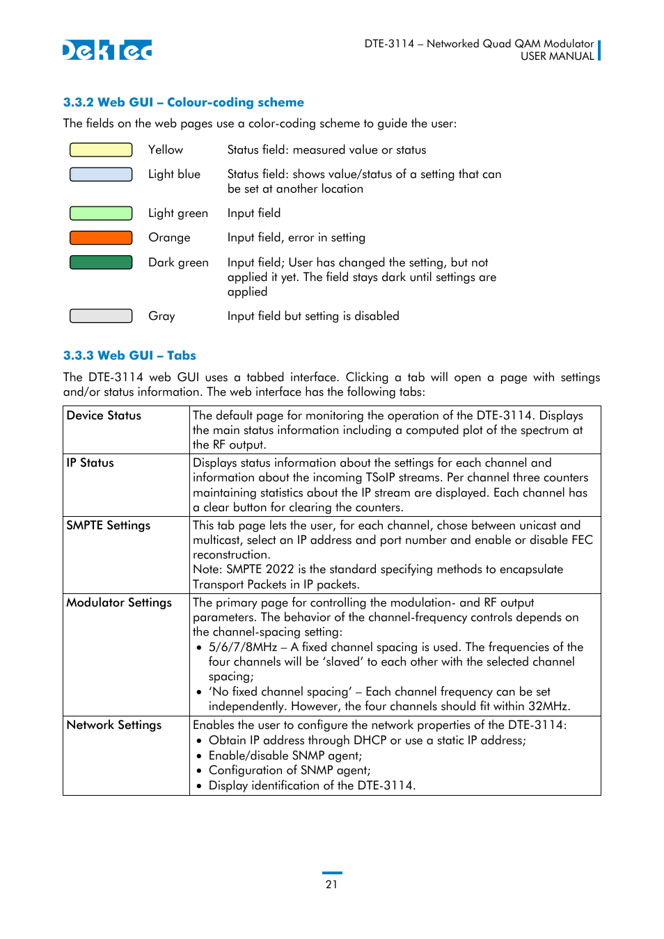 2 web gui – colour-coding scheme, 3 web gui – tabs | DekTec DTE-3114 IP to 4x QAM User Manual | Page 21 / 50