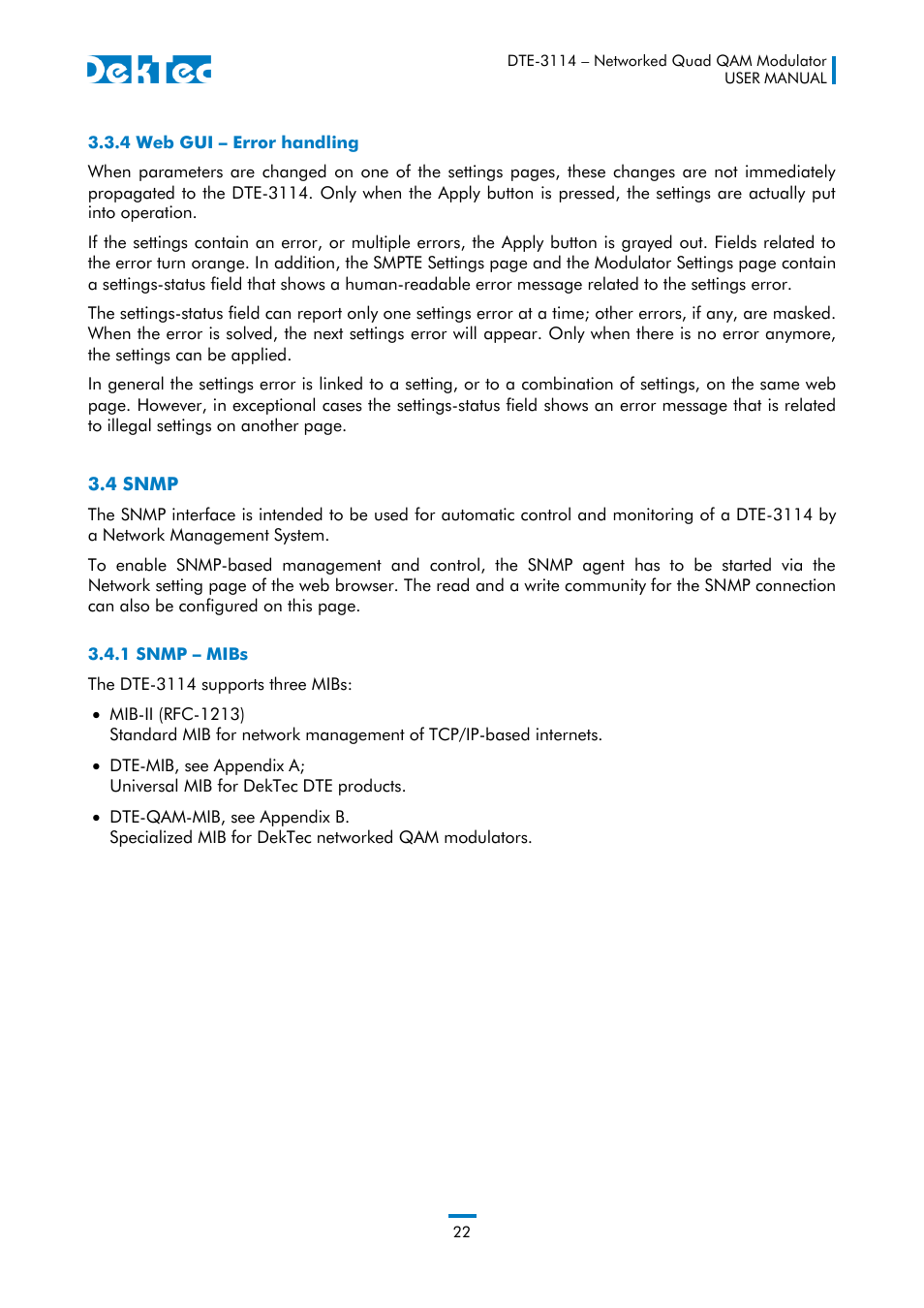 4 web gui – error handling, 4 snmp, 1 snmp – mibs | DekTec DTE-3114 IP to 4x QAM User Manual | Page 22 / 50
