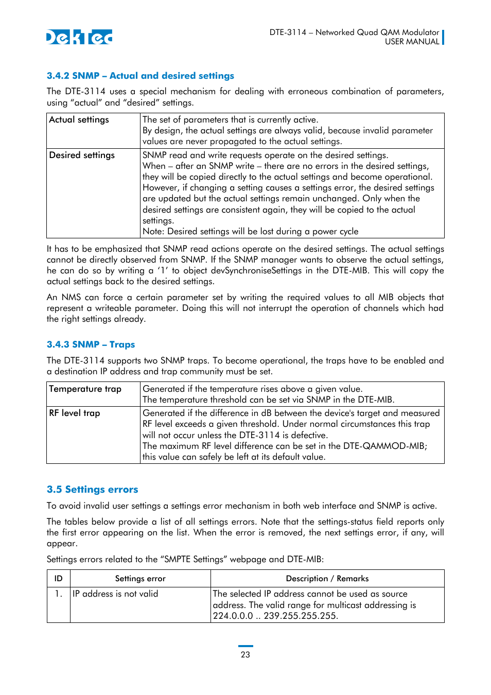 2 snmp – actual and desired settings, 3 snmp – traps, 5 settings errors | DekTec DTE-3114 IP to 4x QAM User Manual | Page 23 / 50