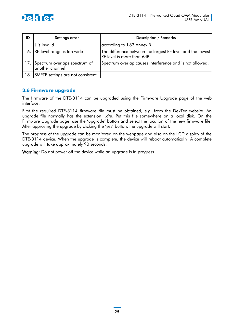 6 firmware upgrade | DekTec DTE-3114 IP to 4x QAM User Manual | Page 25 / 50
