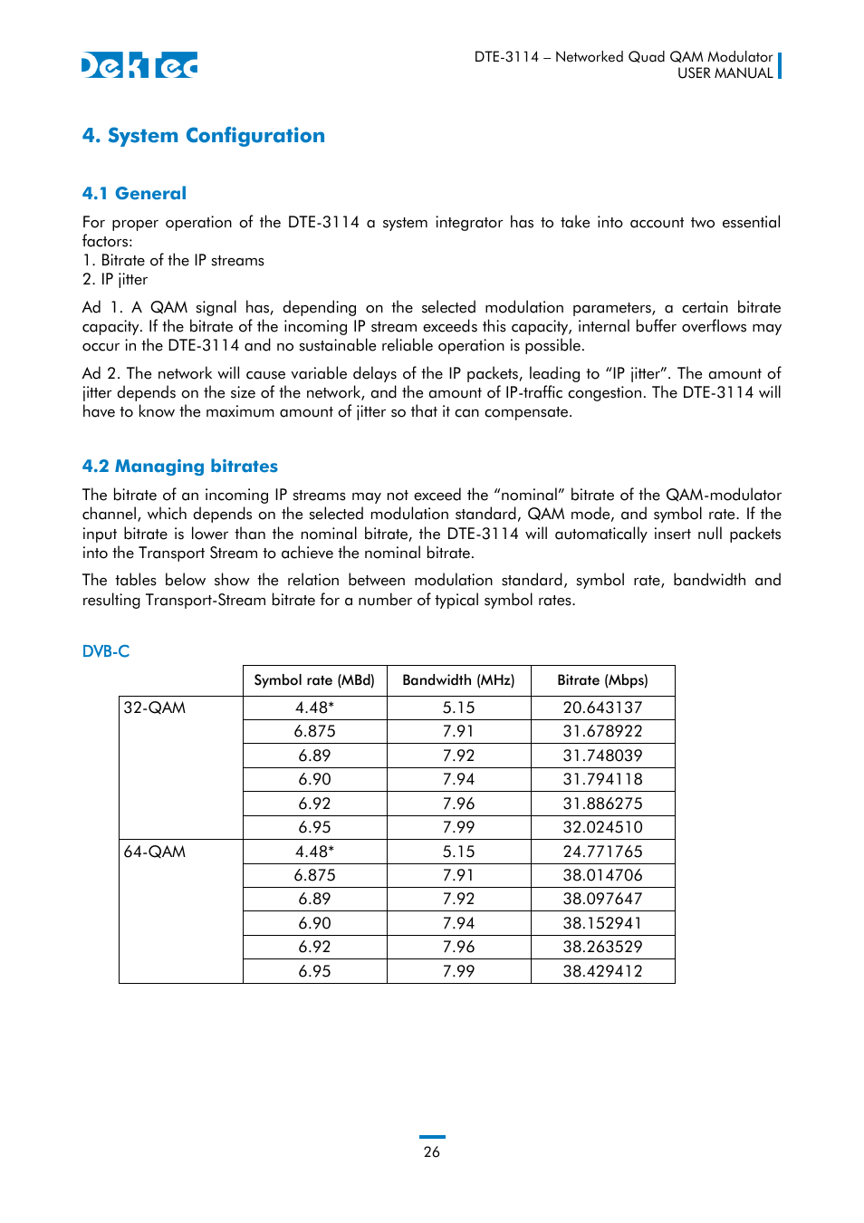 System configuration, 1 general 4.2 managing bitrates | DekTec DTE-3114 IP to 4x QAM User Manual | Page 26 / 50
