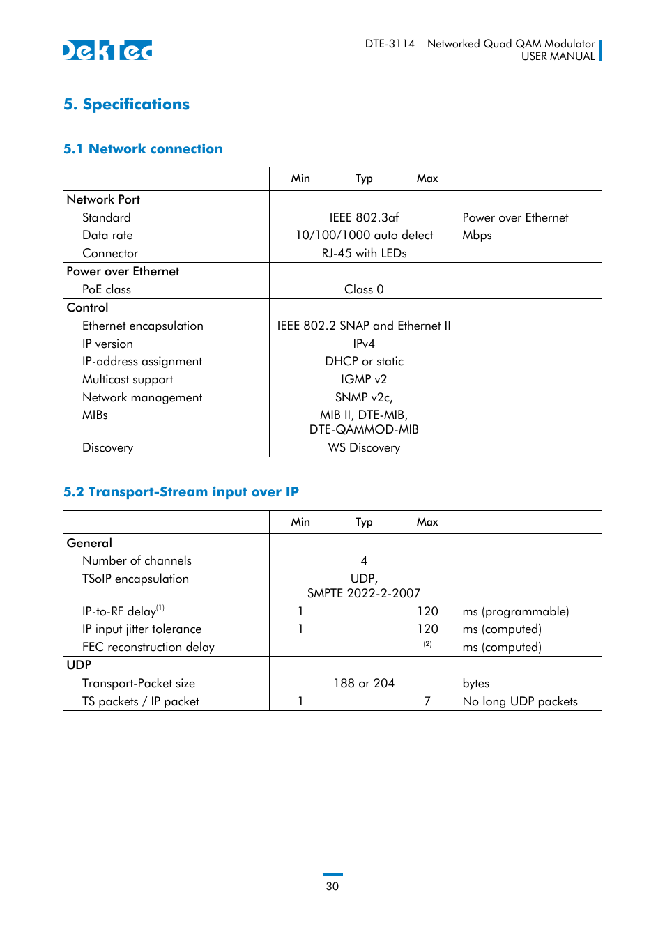 Specifications | DekTec DTE-3114 IP to 4x QAM User Manual | Page 30 / 50