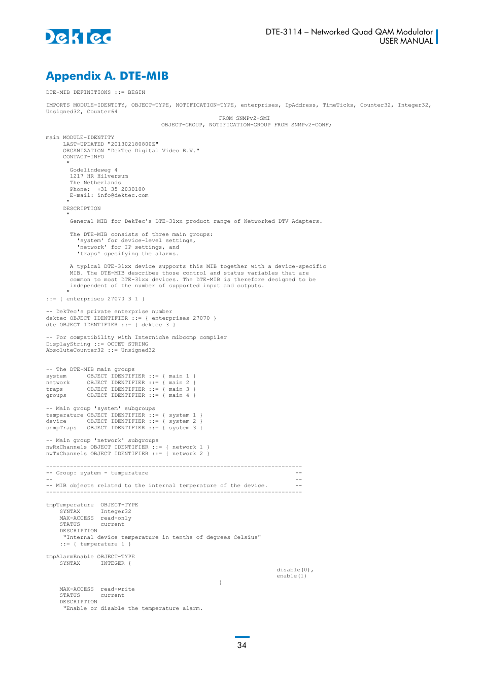 Appendix a. dte-mib | DekTec DTE-3114 IP to 4x QAM User Manual | Page 34 / 50