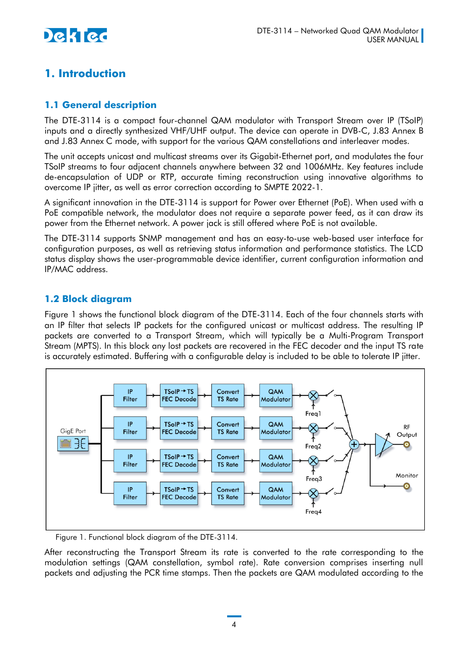 Introduction, 1 general description 1.2 block diagram | DekTec DTE-3114 IP to 4x QAM User Manual | Page 4 / 50