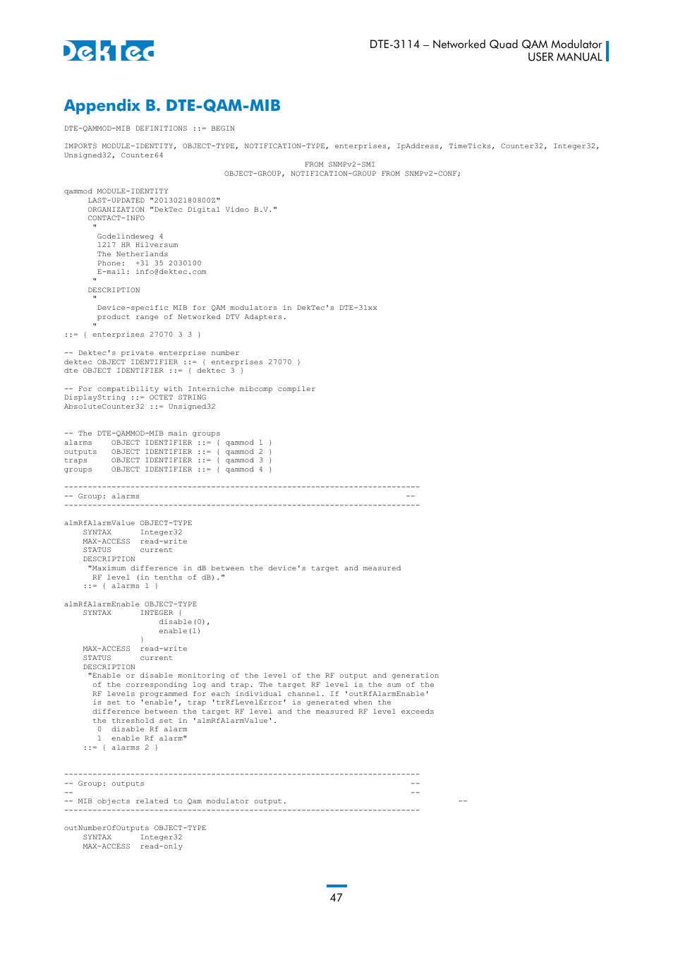 Appendix b. dte-qam-mib | DekTec DTE-3114 IP to 4x QAM User Manual | Page 47 / 50