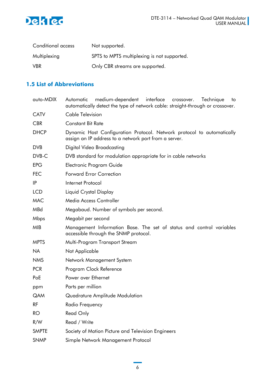 5 list of abbreviations | DekTec DTE-3114 IP to 4x QAM User Manual | Page 6 / 50