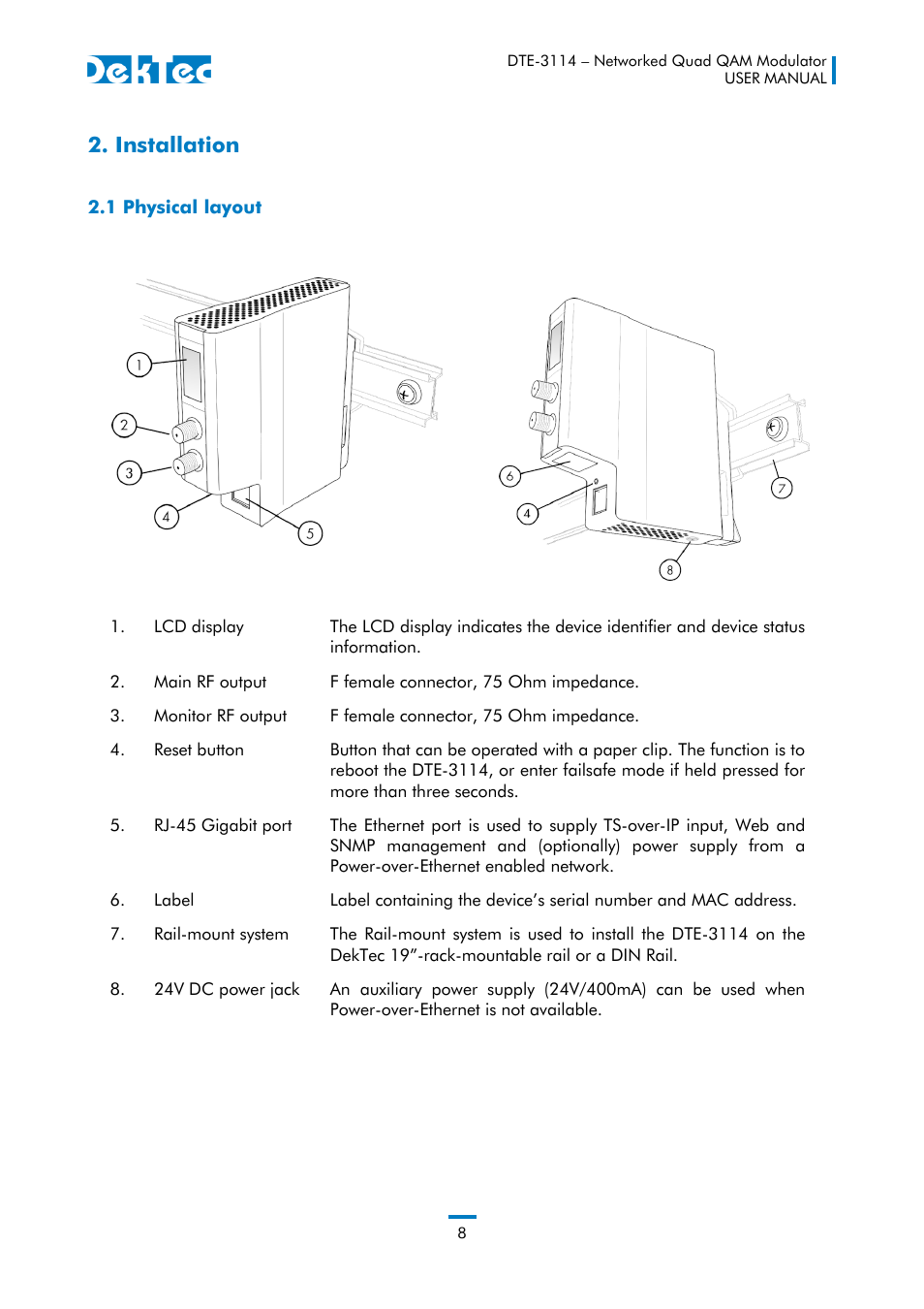 Installation, 1 physical layout | DekTec DTE-3114 IP to 4x QAM User Manual | Page 8 / 50