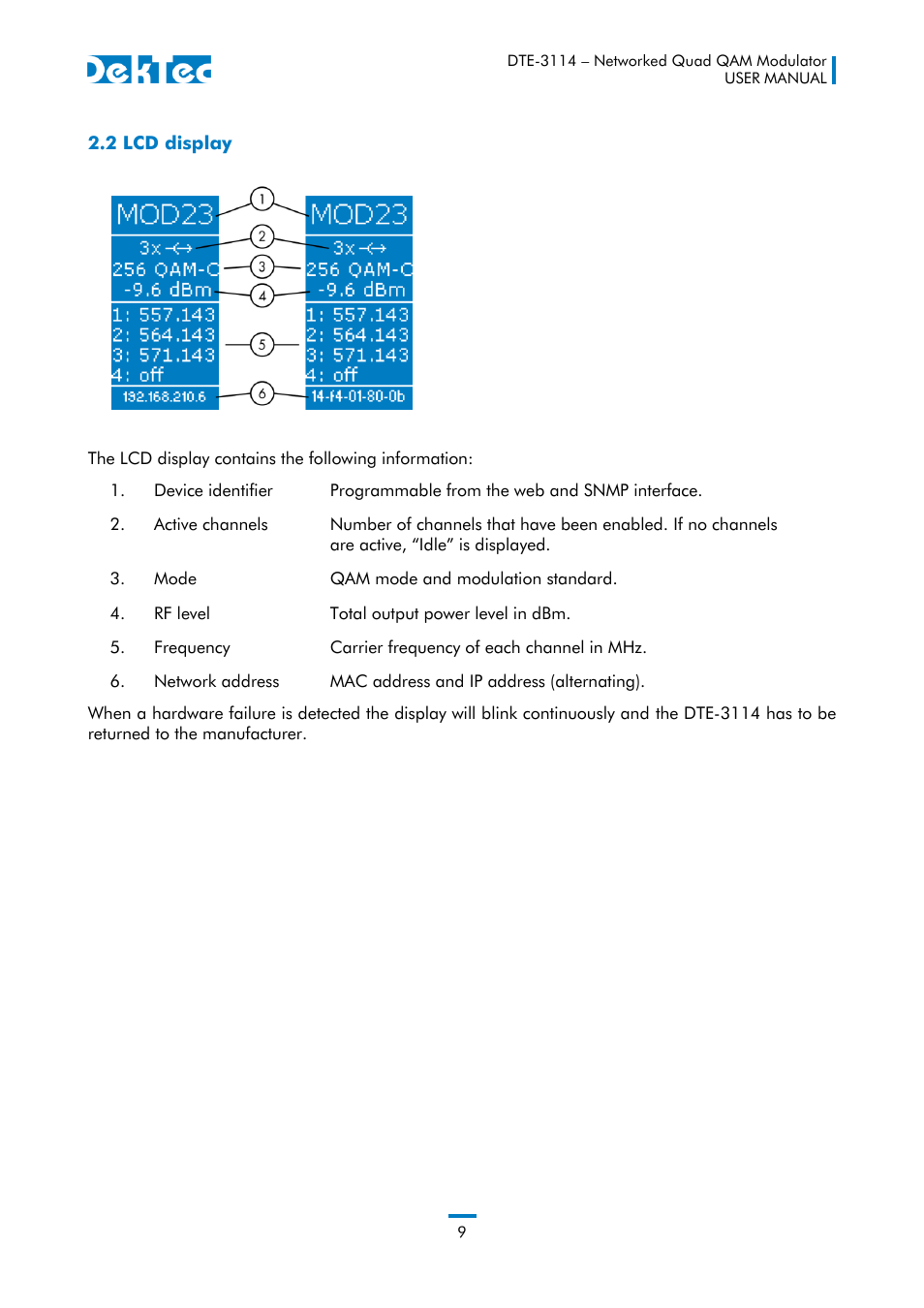 2 lcd display | DekTec DTE-3114 IP to 4x QAM User Manual | Page 9 / 50