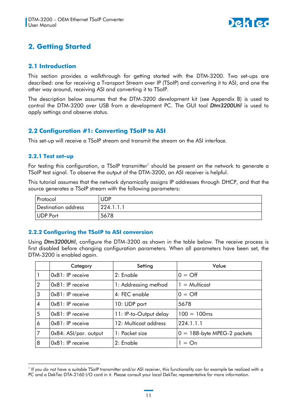 Getting started, 1 test set-up, 2 configuring the tsoip to asi conversion | DekTec DTM-3200 IP-ASI Converter User Manual | Page 11 / 43